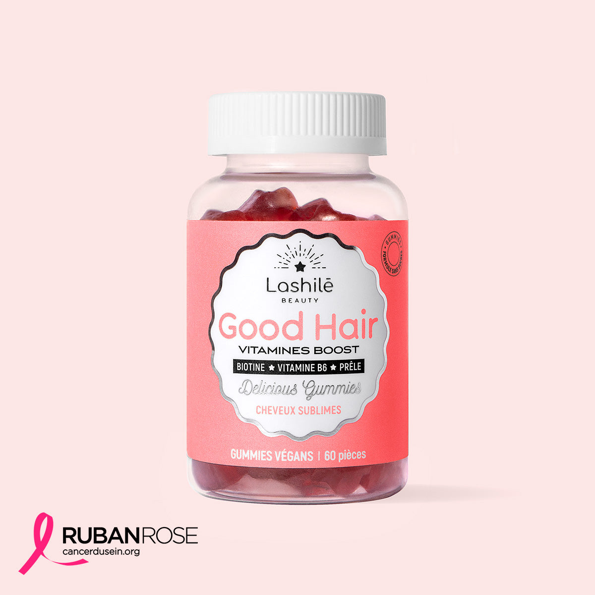 Bottle of Loshité hair vitamins with star-shaped red gummies, labeled 'Good Hair.'